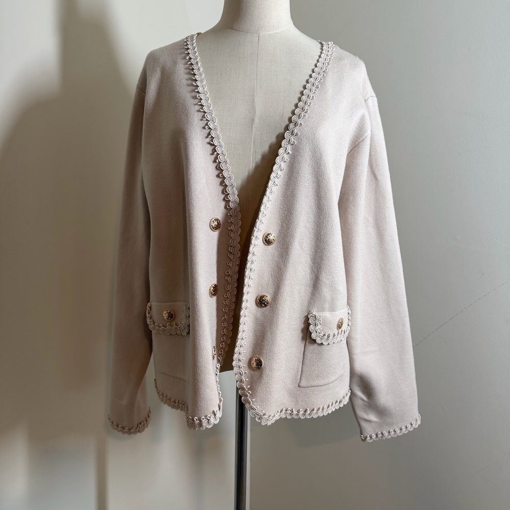 Sioni Women’s Open Front Knit Jacket with Trim Double Button in Winter White - Picture 2 of 12